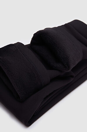 Siyah Kız Çocuk İçi Peluş Yan Panel Tüylü Extra Kalın Kışlık Tayt