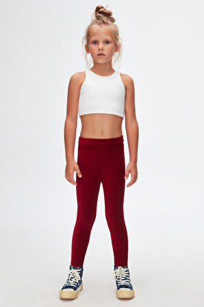 Bordo Kız Çocuk Fitilli Kadife Tayt