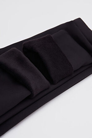 Siyah Kız Çocuk İçi Peluş Kulaklı Tavşan Nakışlı Extra Kalın Kışlık Tayt