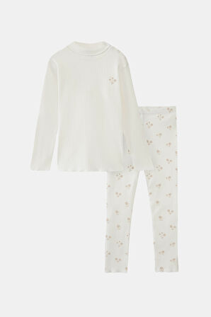 Ekru Kız Çiçek Baskılı Kız Çocuk Kaşkorse Alt Üst Takım