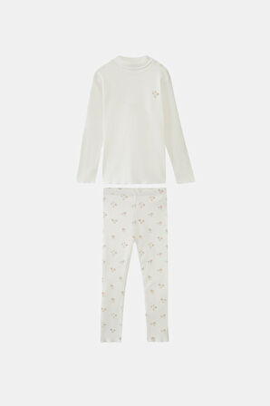 Ekru Kız Çiçek Baskılı Kız Çocuk Kaşkorse Alt Üst Takım