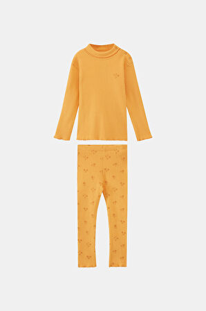 Kadmium Sarı Çiçek Baskılı Kız Çocuk Kaşkorse Alt Üst Takım