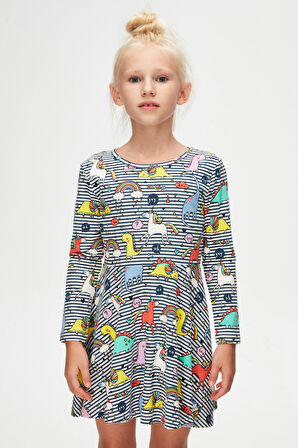 Kız Çocuk Rainbow Unicorn Desen Uzun Kol Elbise