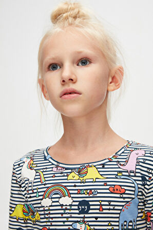 Kız Çocuk Rainbow Unicorn Desen Uzun Kol Elbise