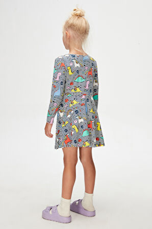 Kız Çocuk Rainbow Unicorn Desen Uzun Kol Elbise