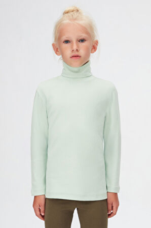 Soft Yeşil Basic Kışlık Tam Balıkçı Yaka Uzun Kollu Kız Çocuk Tişört