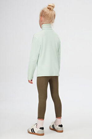 Soft Yeşil Basic Kışlık Tam Balıkçı Yaka Uzun Kollu Kız Çocuk Tişört