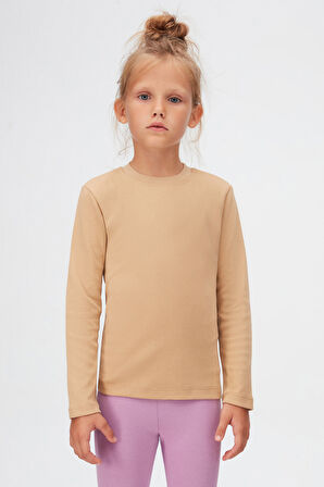 Sütlü Kahve Basic Kışlık Sıfır Yaka Uzun Kollu Kız Çocuk Tişört