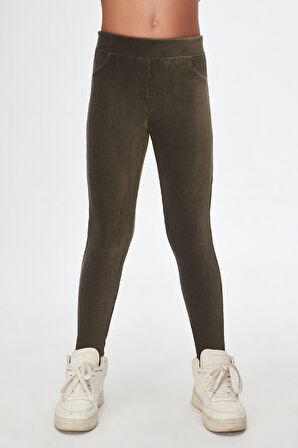 Deniz Yeşili Kız Çocuk Cepli Fitilli Kadife Tayt