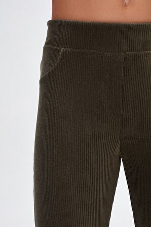 Deniz Yeşili Kız Çocuk Cepli Fitilli Kadife Tayt