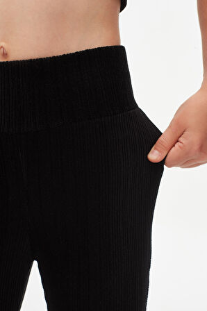 Siyah Fitilli Kadife İspanyol Paça Pantolon