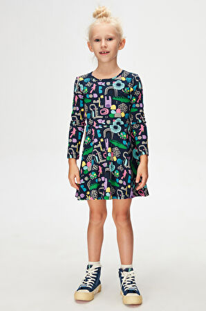 Kız Çocuk Cutouts Anima Desen Uzun Kol Elbise