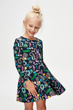 Kız Çocuk Cutouts Anima Desen Uzun Kol Elbise