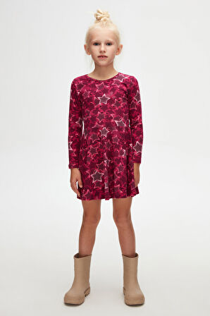 Kız Çocuk Pointing Stars Desen Uzun Kol Elbise