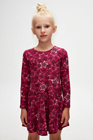 Kız Çocuk Pointing Stars Desen Uzun Kol Elbise