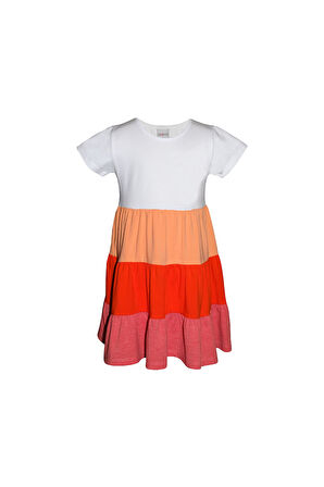 Beyaz+ Turuncu Melanj Kat Kat Renkli Kız Çocuk Kısa Kollu Elbise