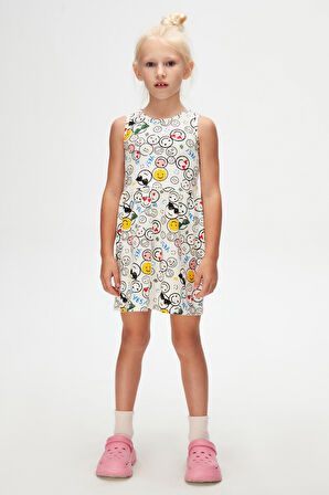 Cute Faces Kız Çocuk Desen Kolsuz Elbise