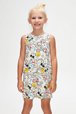 Cute Faces Kız Çocuk Desen Kolsuz Elbise