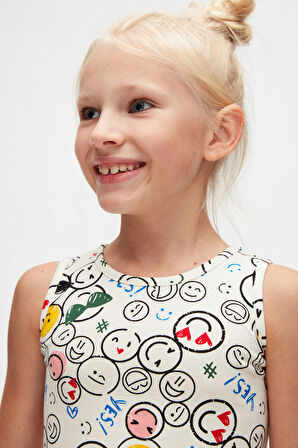 Cute Faces Kız Çocuk Desen Kolsuz Elbise