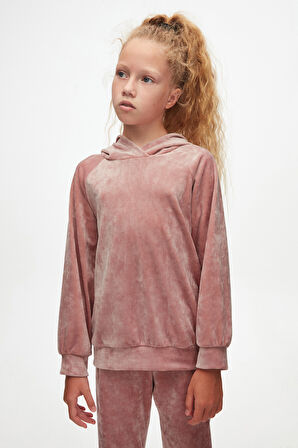 Koyu Pudra Kız Çocuk Kadife Alt Üst Takım