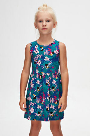 Tropical Parrot Kız Çocuk Desenli Kolsuz Elbise