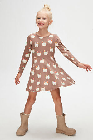 Kız Çocuk Sleepy Bunny Desen Uzun Kol Elbise