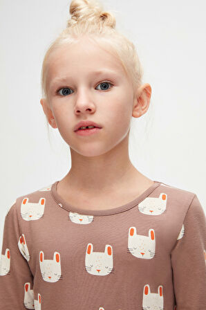 Kız Çocuk Sleepy Bunny Desen Uzun Kol Elbise