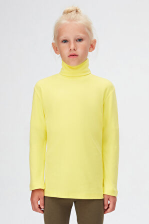 Fosforlu Sarı Basic Kışlık Tam Balıkçı Yaka Uzun Kollu Kız Çocuk Tişört