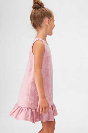 Lila Çiçek Desen Kız Çocuk Fırfırlı Çan Etekli Elbise