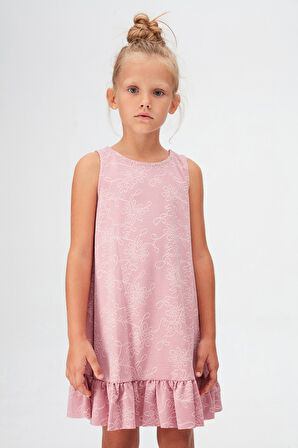 Lila Çiçek Desen Kız Çocuk Fırfırlı Çan Etekli Elbise