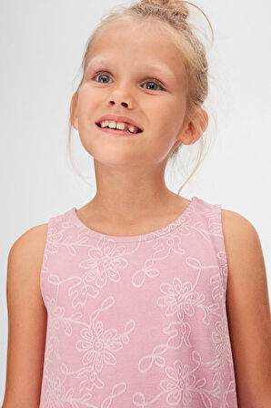 Lila Çiçek Desen Kız Çocuk Fırfırlı Çan Etekli Elbise