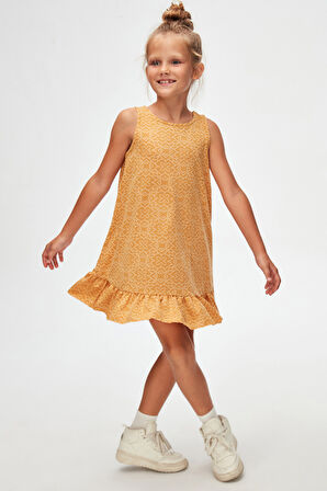 Hardal Yonca Desen Kız Çocuk Fırfırlı Çan Etekli Elbise