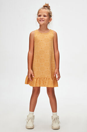 Hardal Yonca Desen Kız Çocuk Fırfırlı Çan Etekli Elbise