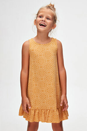 Hardal Yonca Desen Kız Çocuk Fırfırlı Çan Etekli Elbise