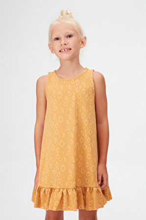 Hardal Damla Desen Kız Çocuk Fırfırlı Çan Etekli Elbise