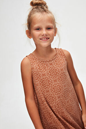 Kahverengi Yonca Desen Kız Çocuk Fırfırlı Çan Etekli Elbise