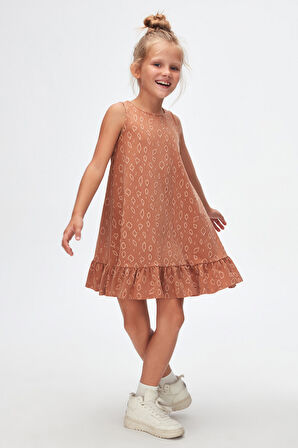 Kahverengi Damla Desen Kız Çocuk Fırfırlı Çan Etekli Elbise