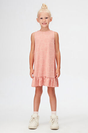 Somon Yonca Desen Kız Çocuk Fırfırlı Çan Etekli Elbise