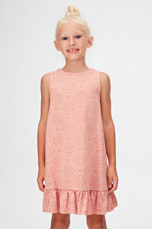 Somon Yonca Desen Kız Çocuk Fırfırlı Çan Etekli Elbise