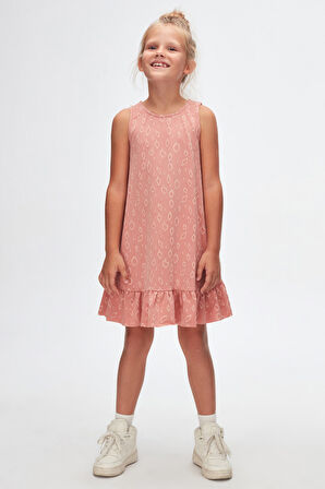 Somon Damla Desen Kız Çocuk Fırfırlı Çan Etekli Elbise