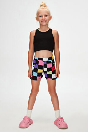 Op Art Checkers Kız Çocuk Cepli Desenli Şort