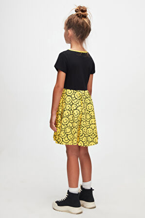 Siyah Gülen Yüz Kız Çocuk Desenli Lovetti Smile Baskılı Kısa Kol Elbise