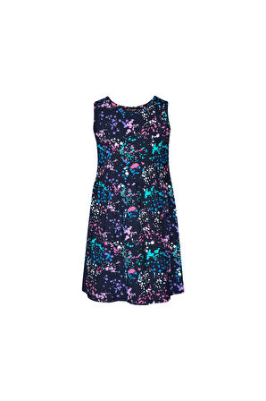 Koyu Lacivert Spray Colors Kız Çocuk Desenli Kolsuz Elbise