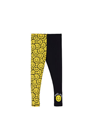 Siyah Gülen Yüz Kız Çocuk Desenli Lovetti Smile Baskılı Tayt