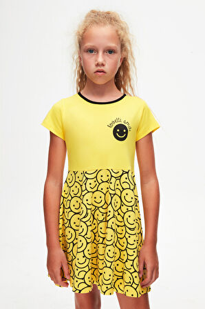 Sarı Gülen Yüz Kız Çocuk Desenli Lovetti Smile Baskılı Kısa Kol Elbise