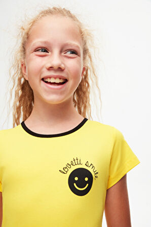 Sarı Gülen Yüz Kız Çocuk Desenli Lovetti Smile Baskılı Kısa Kol Elbise