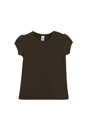 Kahverengi Basic Kız Bebek Çıtçıtlı Sıfır Yaka Karpuz Kol Tişört