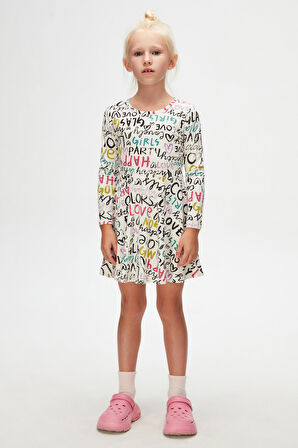 Ekru Kız Çocuk Glasgow Desen Uzun Kol Elbise