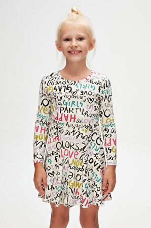 Ekru Kız Çocuk Glasgow Desen Uzun Kol Elbise