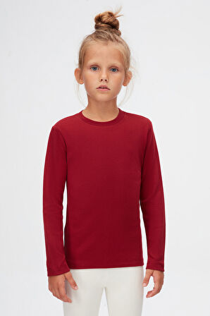 Bordo Basic Unisex Çocuk Kışlık Sıfır Yaka Uzun Kollu Tişört